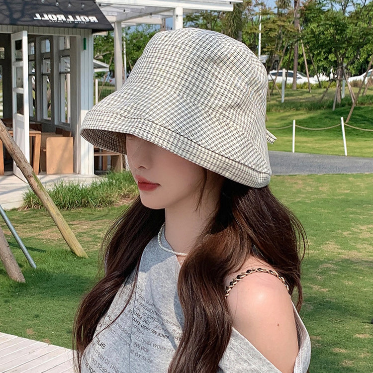 流行帽子|夏季新款格子帽子女蝴蝶結綁帶漁夫帽韓系百搭顯臉小防曬遮陽帽潮「C5262」25.05-2