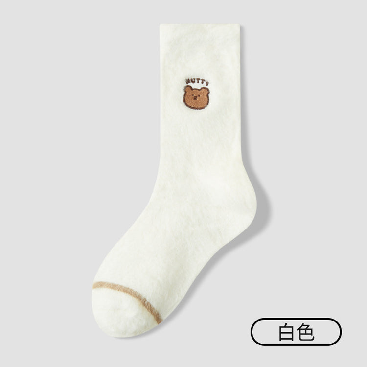 女襪|水貂絨襪子女冬季加絨加厚居家保暖地板襪卡通刺繡親膚舒適堆堆襪「YM1159」25.11-1