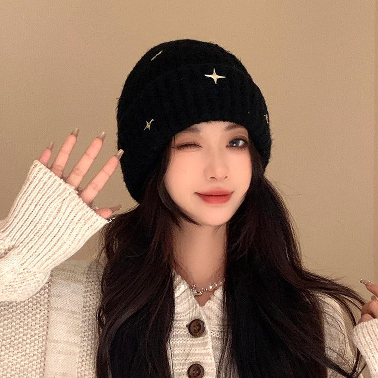 流行帽子 | 星星毛線帽子女冬季新款韓系百搭護耳帽寬松保暖顯臉小針織冷帽男「C4802」24.11-2