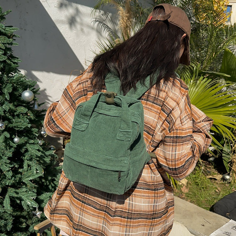 致青春|日系純色燈芯絨書包女韓版高中大學生雙肩包簡約時尚手提背包「017-290」24.01-3