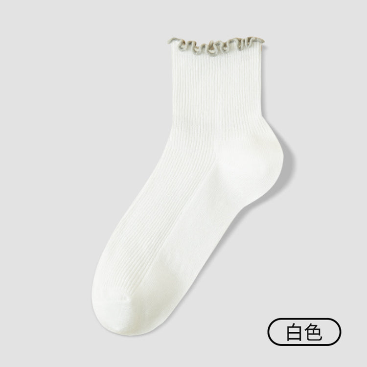 女襪|撞色木耳邊襪子女雙針耐磨彈力無骨中筒襪棉質吸汗透氣親膚堆堆襪「DR25126」25.09-3