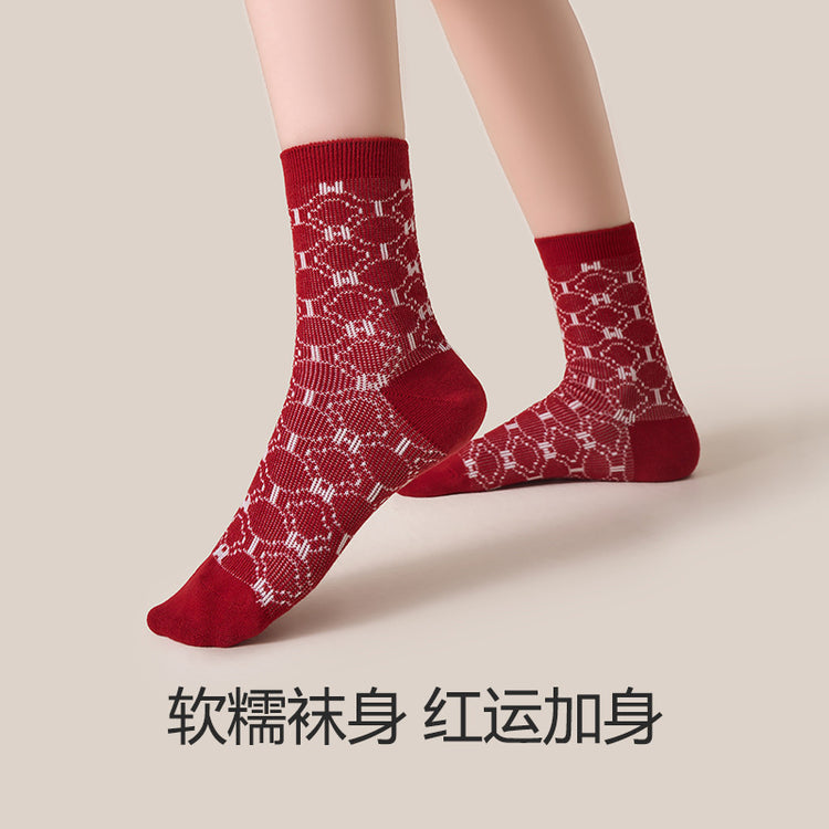 女襪|新年開春紅襪子秋冬棉質軟糯親膚新年襪加固耐磨彈力舒適中筒襪「24W0067」24.12-5