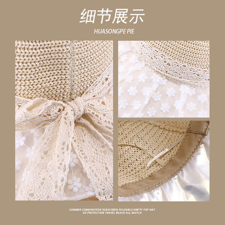 流行帽子|夏季草帽女新款大檐網眼蕾絲防曬帽遮臉百搭防紫外線沙灘太陽帽子「C3880」24.04-4