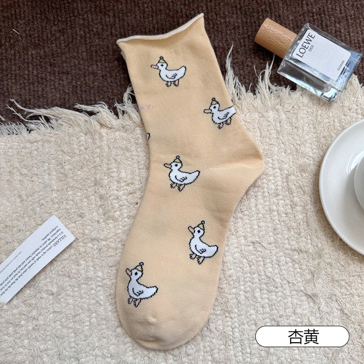 女襪|彈力卷邊襪子女可愛卡通圖案學院風中筒襪棉質吸汗透氣舒適堆堆襪「YM2454」25.08-4