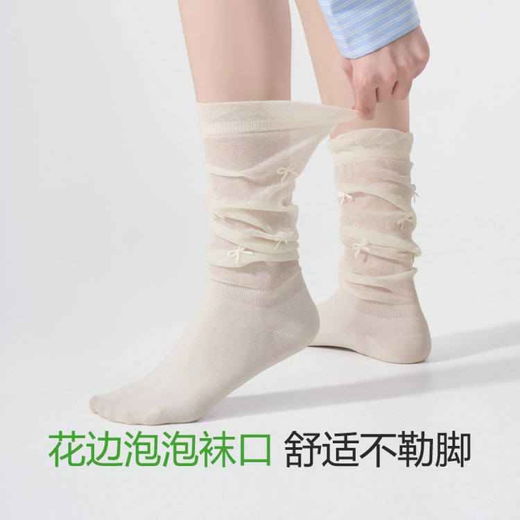 女襪|白色堆堆襪子女miu系花邊泡泡襪口小腿襪滿身蝴蝶結輕薄透氣JK襪「XC2268」25.02-2