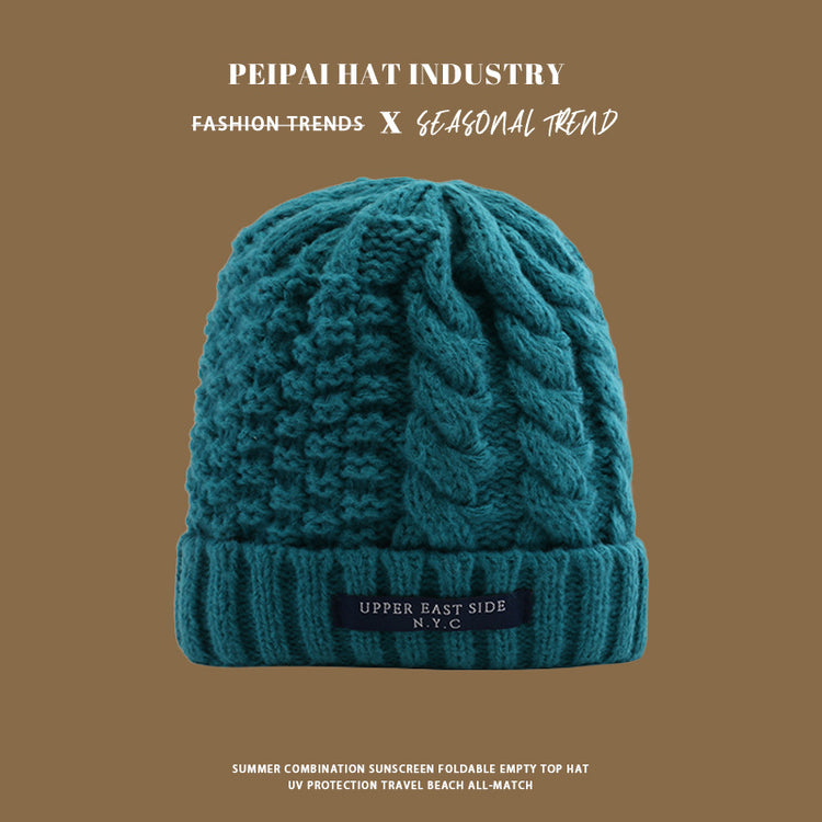 流行帽子|麻花針織帽冬天韓版百搭保暖護耳毛線帽防寒套頭帽NYC字母帽子女「C1431」25.01-1