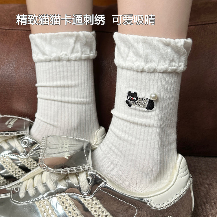 女襪|卡通刺繡襪子女miu系珍珠彈力親膚舒適中筒襪棉質吸汗透氣堆堆襪「XC2332」25.08-3