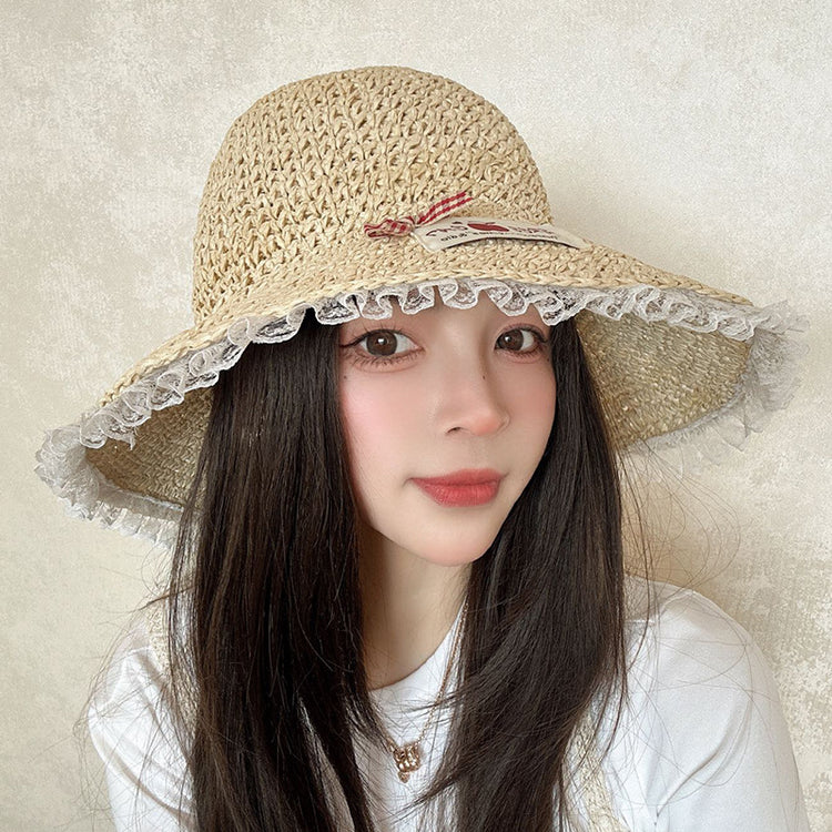 流行帽子|蕾絲邊蝴蝶結鏤空草帽女士夏季海邊度假沙灘太陽帽透氣防曬遮陽帽「C5024」25.02-3