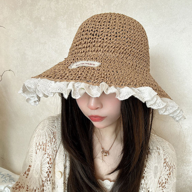 流行帽子|蕾絲邊草帽女夏季甜美大帽檐手工編織遮陽帽戶外海邊度假太陽帽子「C5023」25.02-3