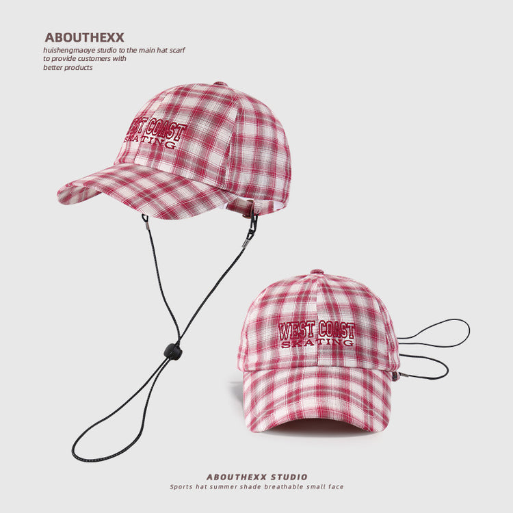 流行帽子|韓系新款甜美刺繡帽子女復古格子鴨舌帽輕薄透氣戶外遮陽棒球帽男「C5207」25.04-4
