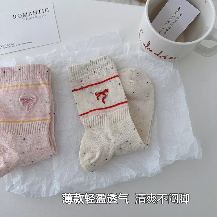 女襪|刺繡蝴蝶結襪子女棉質軟糯親膚舒適中筒襪點子紗春夏季薄款堆堆襪「W0122」25.03-3