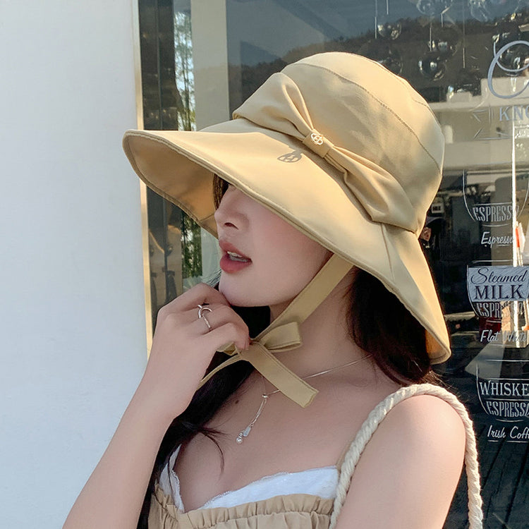 流行帽子|新款漁夫帽子女綁帶蝴蝶結顯臉小防曬遮陽帽夏季大帽檐百搭太陽帽「C5147」25.04-1