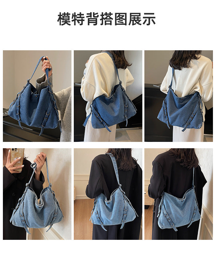 日韓流行|時尚通勤托特包女2024冬季韓版ins設計感女包大容量牛仔布斜背包「8265-131」24.12-5