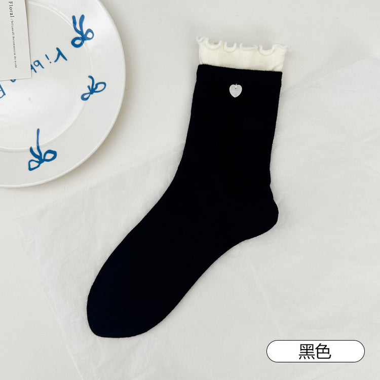女襪|拼色雙羅口襪子女棉質吸汗透氣彈力花邊堆堆襪愛心紐扣無骨中筒襪「SM2506」25.06-1