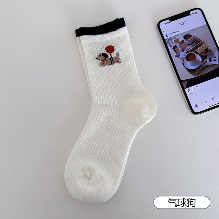 女襪|卡通圖案襪子女棉質吸汗透氣彈力中筒襪花邊襪口潮流好搭堆堆襪「MYH2505」25.04-1