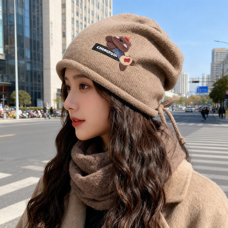 流行帽子|可愛卡通小熊帽子女秋冬包頭針織帽網紅百搭堆堆帽顯臉小卷邊冷帽「C5672」25.09-5
