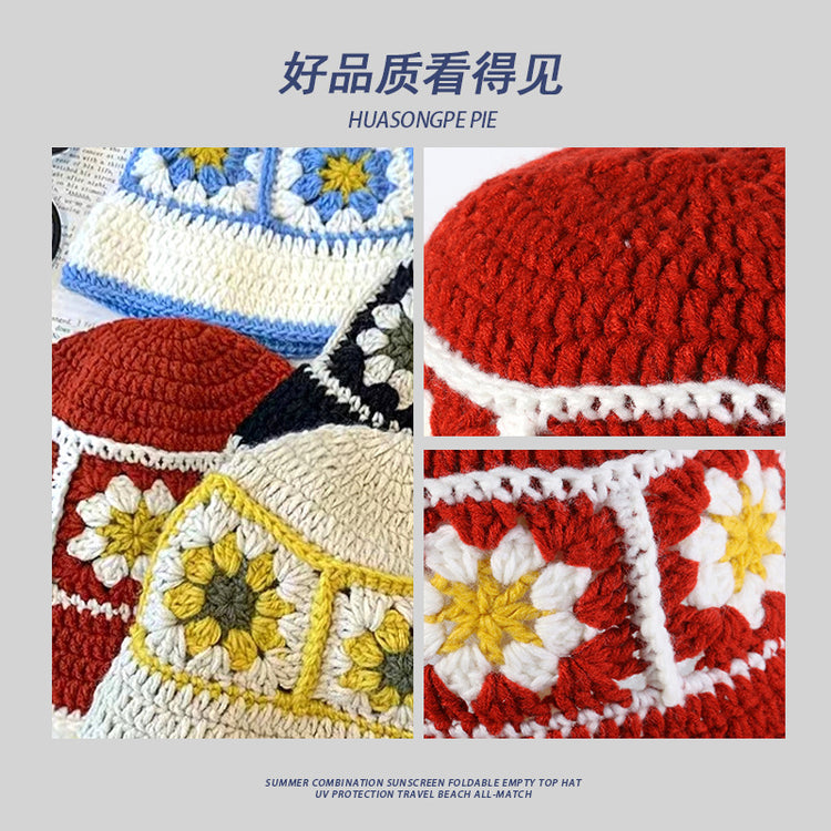 流行帽子|手工針織漁夫帽女顯臉小撞色條紋毛線帽秋冬季顯臉小國風針織帽潮「C4008」24.07-4