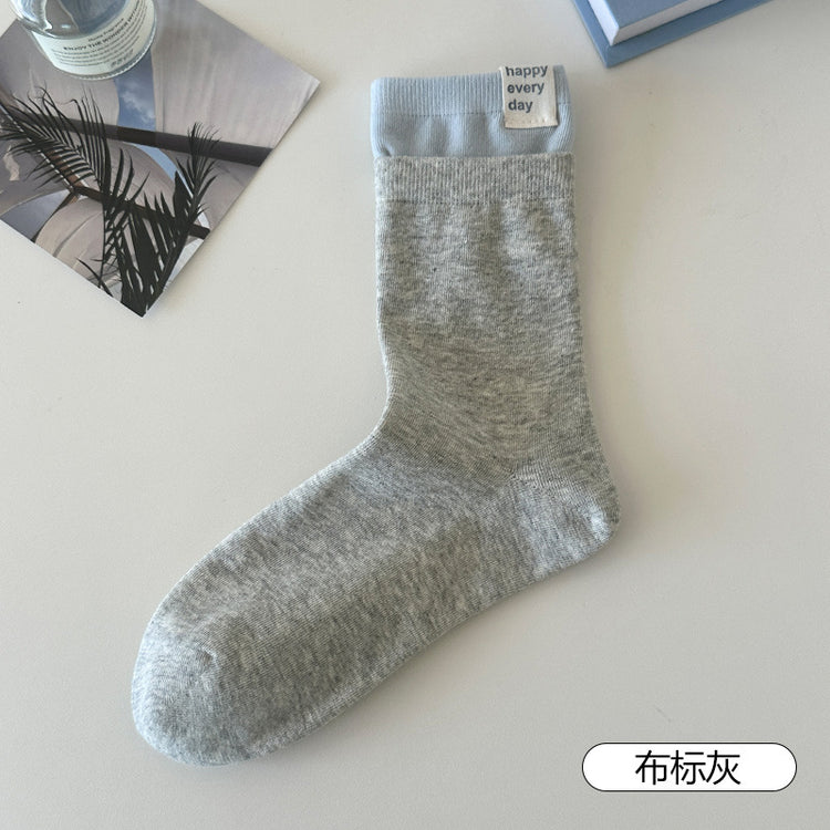 女襪|拼色布標襪子女彈力無骨吸汗透氣中筒襪薄款ins潮流學院風堆堆襪「PSP0112」25.06-3