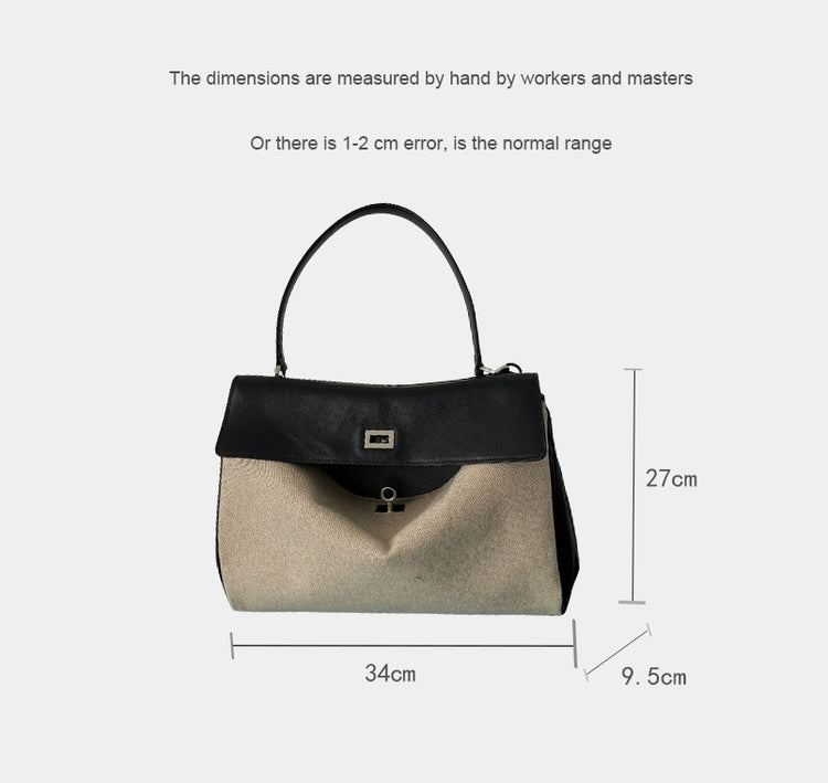 質感真皮|2024新款高級感大容量帆布拼皮手提單肩包時尚潮流通勤拼接鎖扣手提包「2328」24.07-5