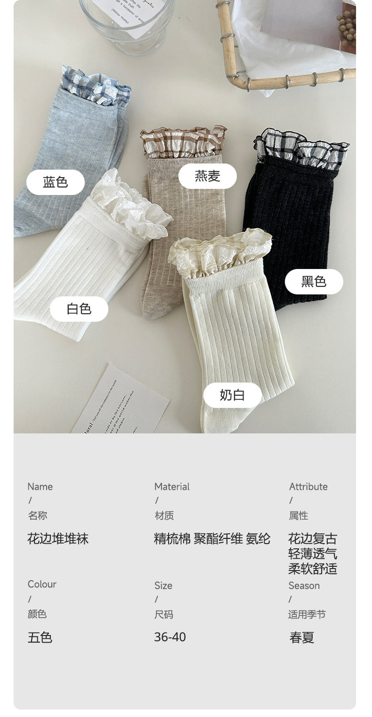 女襪|白色襪子女棉質吸汗透氣miu系花邊堆堆襪親膚舒適彈力襪子「MK5090」25.05-3