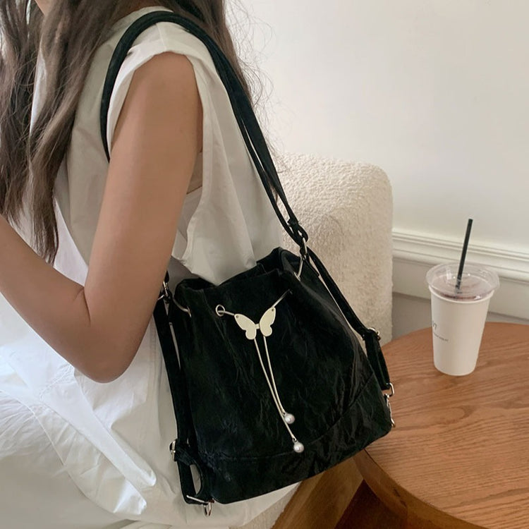 日韓流行|薄荷曼波綠雙肩包包女式2024新款韓國蝴蝶拉繩水桶包百搭ins單肩腋下包「9450#-2」24.08-1