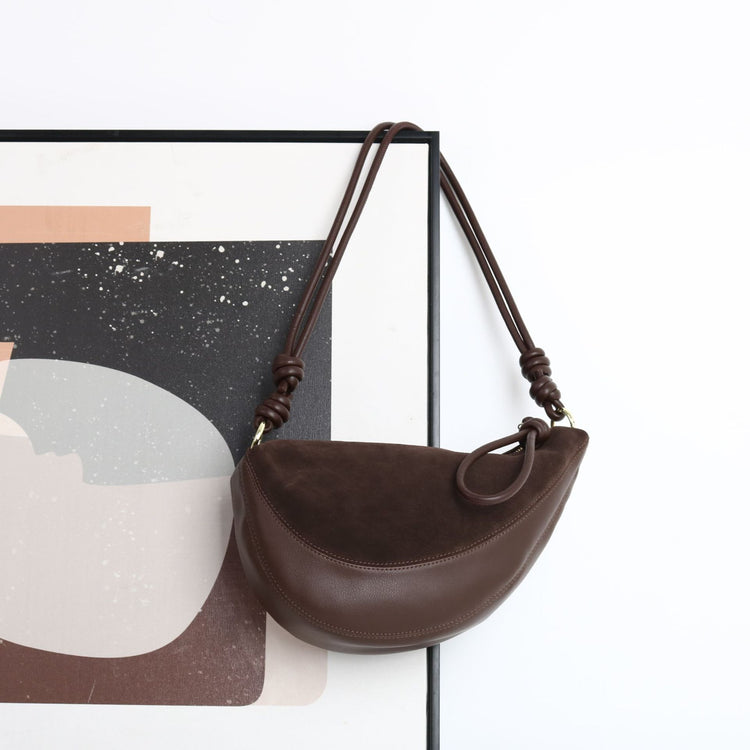 質感真皮|磨砂牛皮拼接羊皮月牙包女包2024新款真皮休閒斜背餃子包百搭單肩「3300-3#」24.10-2
