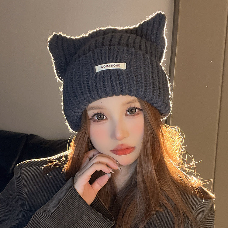 流行帽子|帽子日系可愛貓耳朵毛線帽秋冬季保暖護耳套頭帽百搭顯臉小針織帽「C4391」24.09-3