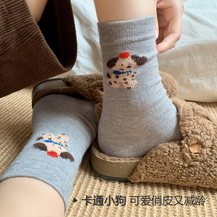 女襪|白色堆堆襪子女卡通小狗刺繡ins彈力中筒襪秋冬加厚保暖襪子「SM24524」24.11-2