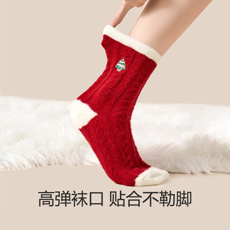 女襪|加絨加厚襪子女秋冬季蓄熱保暖澳絨中筒襪親膚舒適卡通可愛聖誕襪「H5529」24.12-3