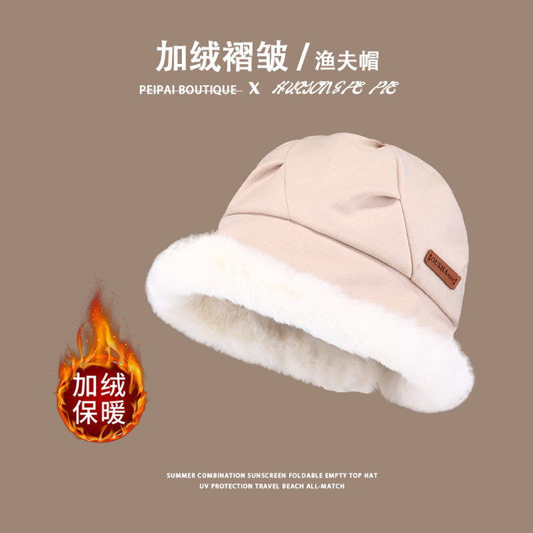 流行帽子|秋冬季帽子女保暖日系毛絨顯臉小簡約百搭布標ous加絨褶皺漁夫帽「C3401」24.11-4