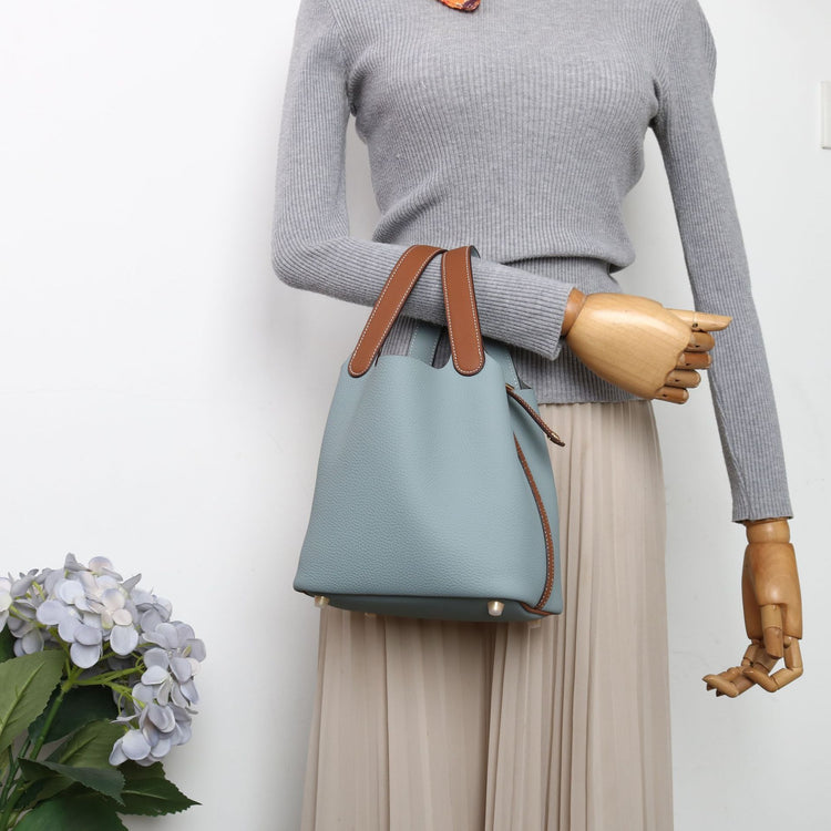 質感真皮|togo頭層牛皮拼接菜籃2024年新款時尚軟牛皮水桶包手提手拎包「226#」24.10-3