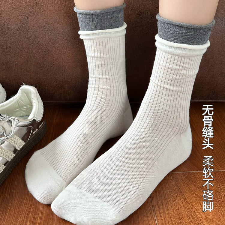 女襪|拼色雙羅口襪子女棉質親膚吸汗透氣中筒襪彈力無骨潮流簡約堆堆襪「MK5084」25.06-1