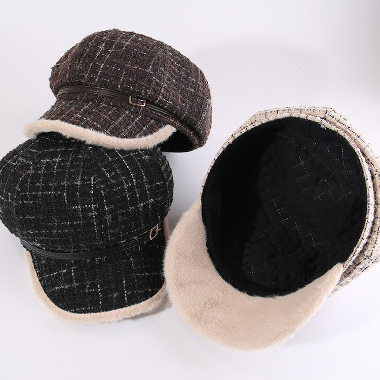 流行帽子|小香風格子毛絨帽子女秋冬保暖顯臉小八角帽大頭圍日系鴨舌貝雷帽「C5840」25.11-3