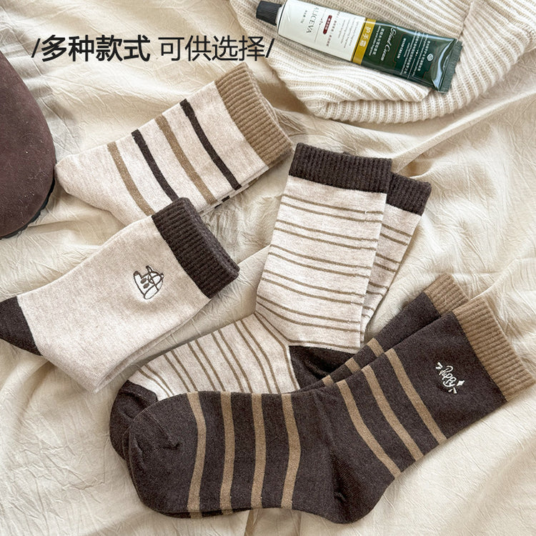 女襪|美拉德復古條紋襪子女秋冬加厚保暖羊毛襪卡通動物刺繡親膚中筒襪「MK4245」24.11-1