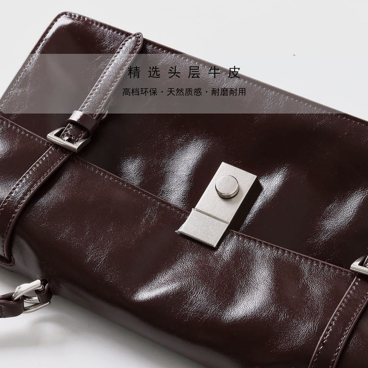 質感真皮|冬季新款頭層牛皮郵差公文包油蠟真皮腋下包保齡球小方包托特包「3661」24.11-2