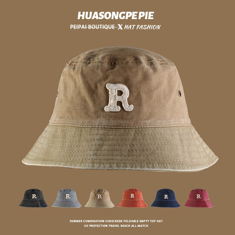 流行帽子|大沿遮陽帽水洗棉R字母刺繡簡約百搭漁夫帽出遊帽子防曬帽夏季女「C4032」24.06-1