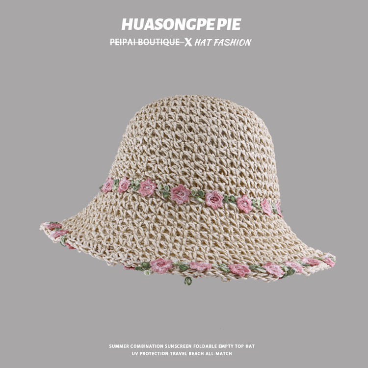 流行帽子|蕾絲系帶草帽夏季女帽子防曬學生戶外遮陽帽綁帶沙灘彩虹太陽帽子「C3929」24.05-2