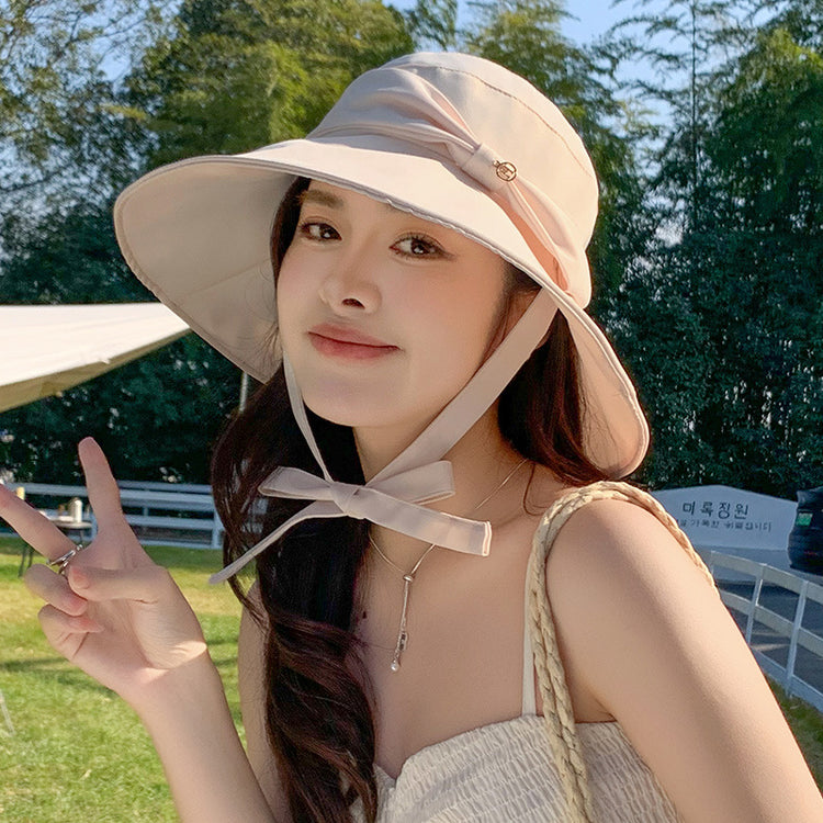 流行帽子|新款漁夫帽子女綁帶蝴蝶結顯臉小防曬遮陽帽夏季大帽檐百搭太陽帽「C5147」25.04-1