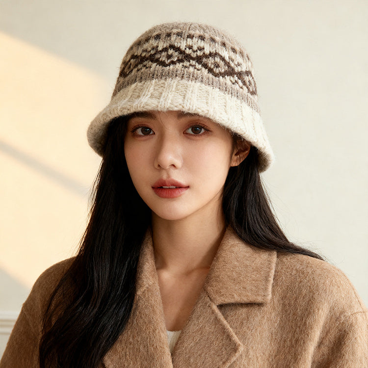 流行帽子|費爾島風提花漁夫帽子女韓版百搭2025新款時尚盆帽顯臉小水桶帽男「C5835」25.11-3