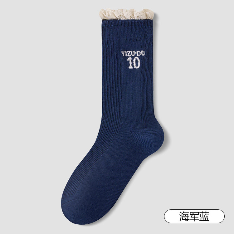 女襪|蕾絲花邊襪子女字母刺繡彈力親膚舒適中筒襪棉質吸汗透氣堆堆襪「XC2386」25.08-3