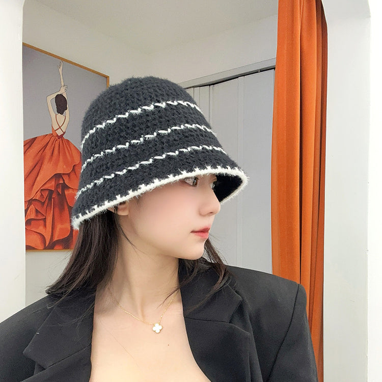 流行帽子|秋冬針織漁夫帽女條紋百搭顯臉小防寒護耳帽簡約休閒編織水桶帽子「C4348」24.08-4