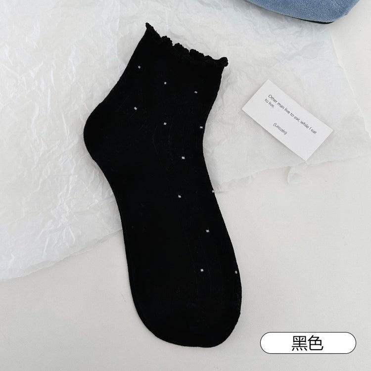 女襪|白色花邊襪子女網眼透氣彈力無骨短襪波點襪身ins潮流襪子「YM2546」25.07-1