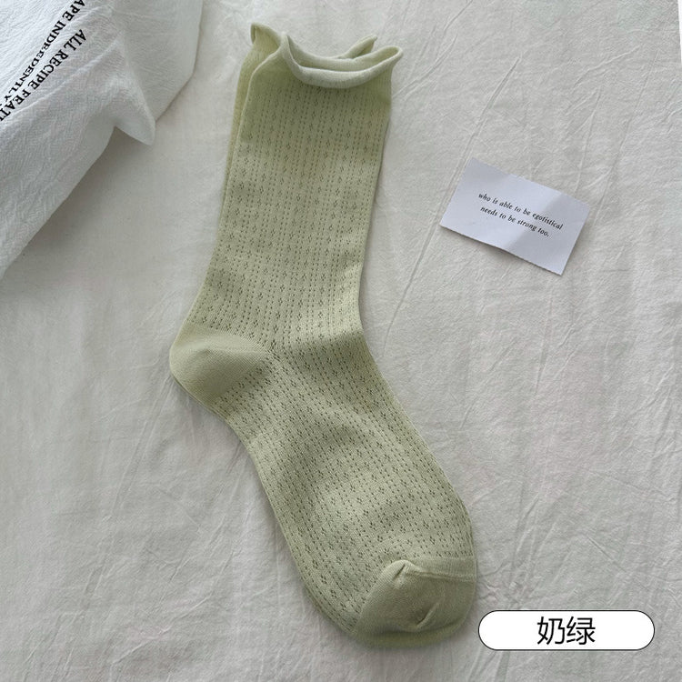 女襪|灰色襪子女夏季薄款網眼透氣中筒襪miu系配瑪麗珍彈力無骨堆堆襪「YJ24126」25.04-4