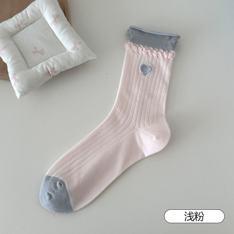 女襪|卷邊襪子女撞色雙羅口刺繡愛心中筒襪棉質吸汗透氣ins潮堆堆襪「TM7555」25.04-5