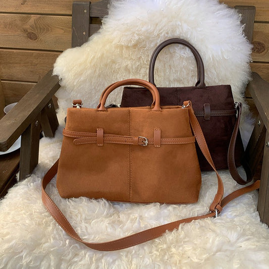 日韓流行|復古磨砂麂皮絨面手提托特包女2024新款秋冬大容量通勤單肩斜挎包「9507#」24.12-2