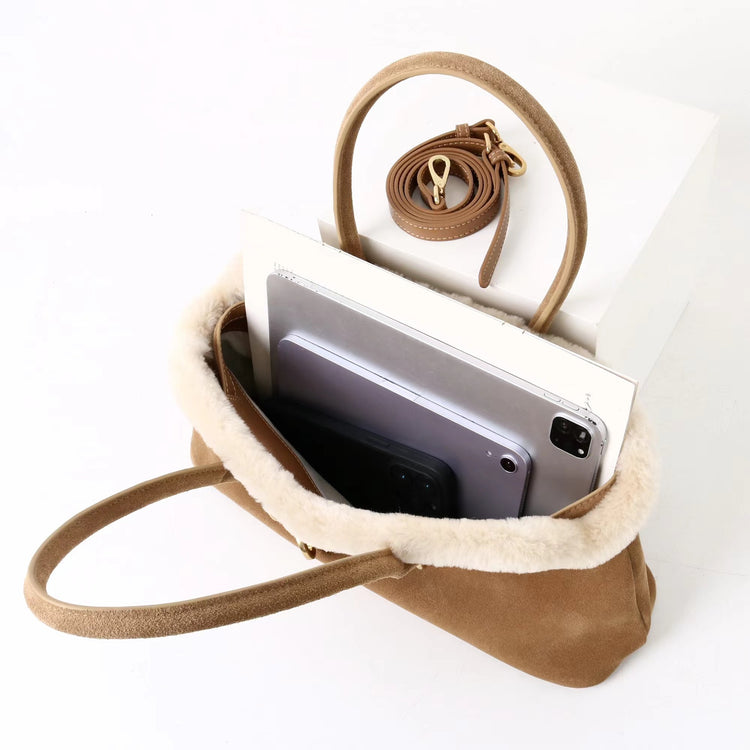 質感真皮|2025新款復古磨砂毛絨拼接手提包大容量通勤腋下包女包包小眾設計「8358」25.11-3