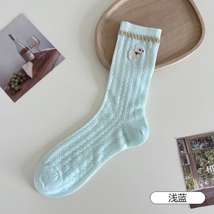 女襪|花邊襪子女夏季薄款鏤空網眼透氣彈力中筒襪卡通動物刺繡堆堆襪「TM7545」25.04-5