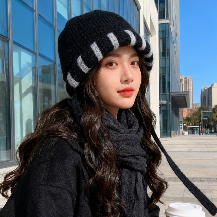 流行帽子|秋冬新款保暖帽子女防寒護耳帽大頭圍顯臉小針織毛線帽系帶套頭帽「C5699」25.10-2