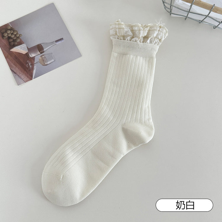 女襪|白色襪子女棉質吸汗透氣miu系花邊堆堆襪親膚舒適彈力襪子「MK5090」25.05-3