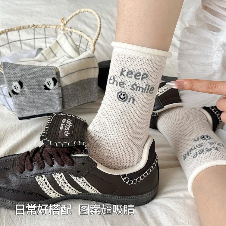 女襪|卷邊襪子女夏季薄款ins潮學院風中筒襪網眼透氣彈力無骨堆堆襪「TM7539」25.06-1